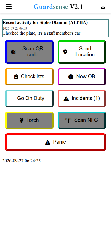 GuardSense screen with duty, scan, incidents and Panic buttons
